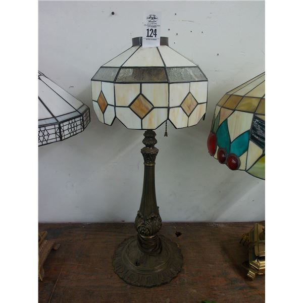 Ornate Cast Brass Base w/Leaded Glass Lamp