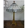 Image 1 : Brass Base w/White Panel Leaded Glass Lamp