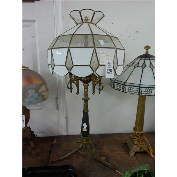 Empire Bronze Base Lamp w/Ornate Glass Shade