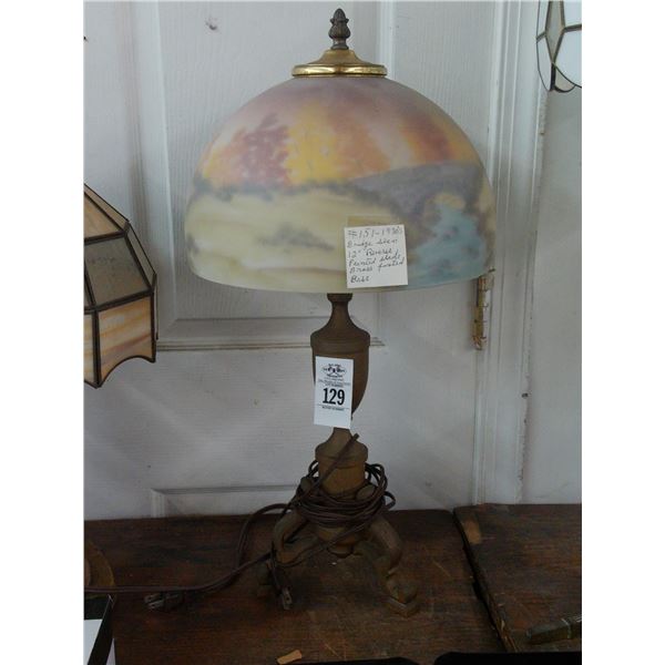 Reversed Painted Bridge Motif Glass Shaded on Brass Footed Lamp