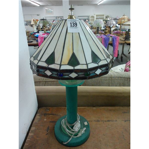 Green Deco Style Lamp w/Leaded Glass Shade