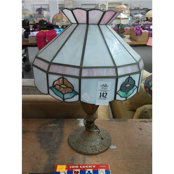 Cast Floral Base Lamp w/Glass Panel Floral Motif Shade