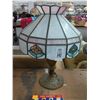 Image 1 : Cast Floral Base Lamp w/Glass Panel Floral Motif Shade