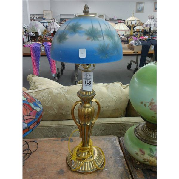 Brass Urn Style w/Reversed Painted Palm Tree Shade Lamp