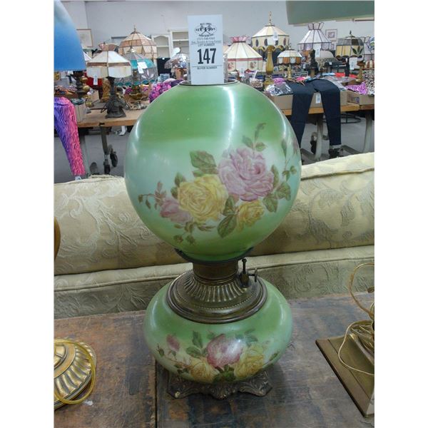 Floral Painted Cast Base Hurricane Style Lamp