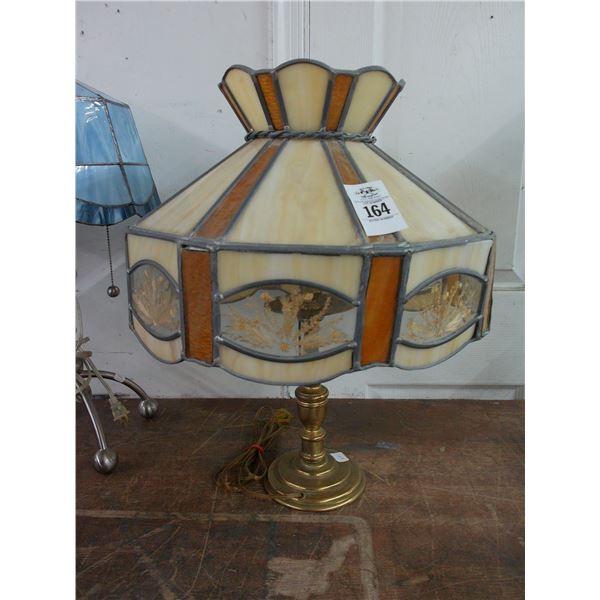 Brass Base Lamp w/Glass Panel Floral Inset Shade