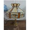 Image 1 : Brass Base Lamp w/Glass Panel Floral Inset Shade