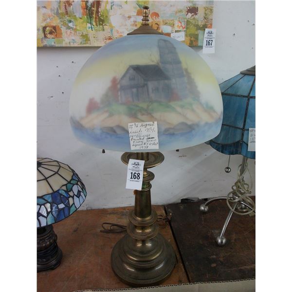 Brass Vintage Lamp w/Reversed Painted Lighthouse Glass Shade