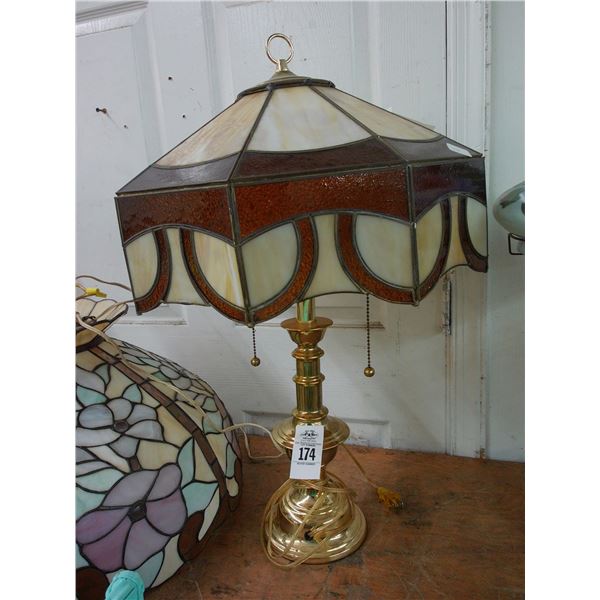 Brass Base Lamp w/Brown/Tan Glass Panel Shade