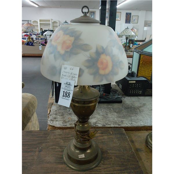 Brass Base Lamp w/Reversed Painted Floral Glass Shade