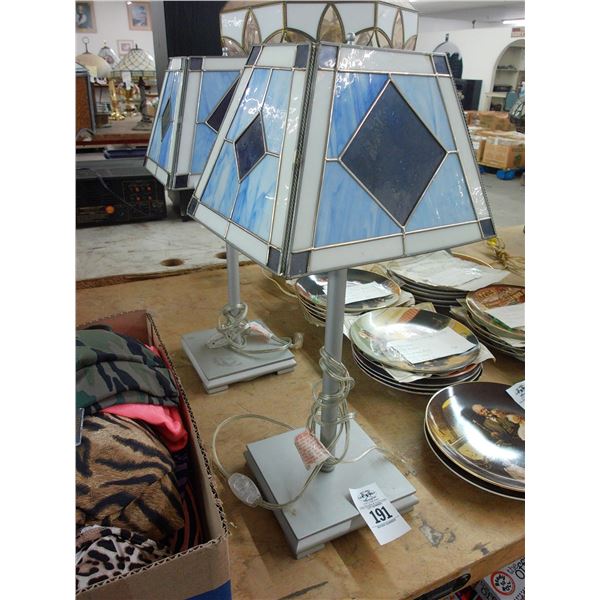 Pair of Silver Lamps w/Tiffany Style Square Glass Shades