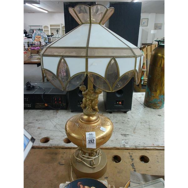 Vintage Cherub Base Lamp w/Tulip Glass Panel Shade