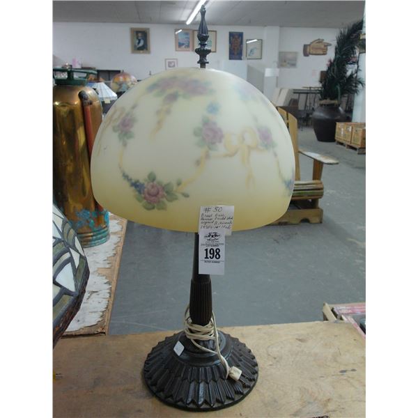 Brass Case Base Lamp w/Reversed Painted Floral Glass Lamp Shade
