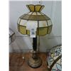 Image 1 : Brass and Marble Base Lamp w/Tan Glass Panel Shade