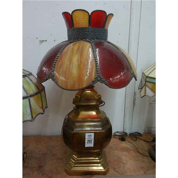 Brass Lamp w/Ornate Cast Trim Glass Panel Shade