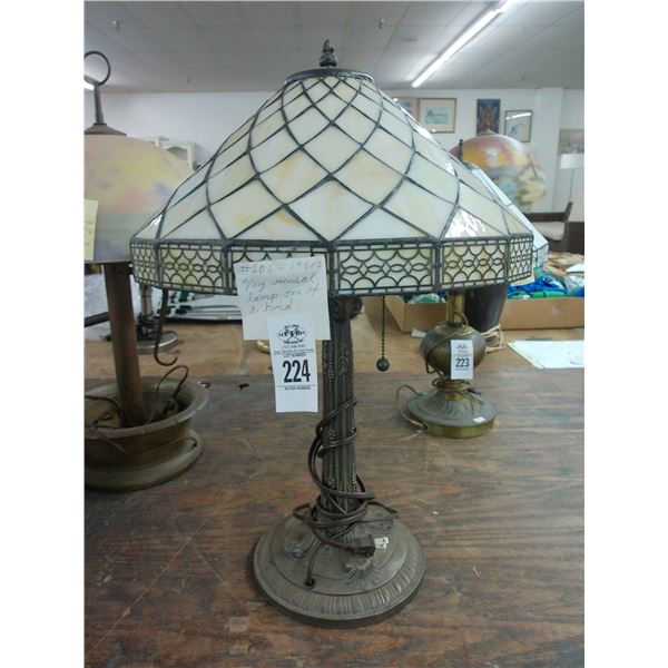 Ornate Bronze Vintage Lamp w/Leaded Glass Shade