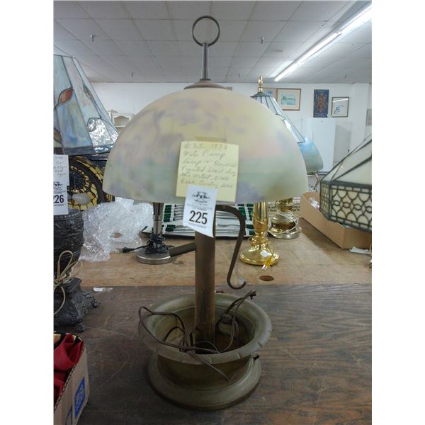 Brass Spitoon Style Waterpump Lamp w/Reversed Painted Farmhouse Glass Shade