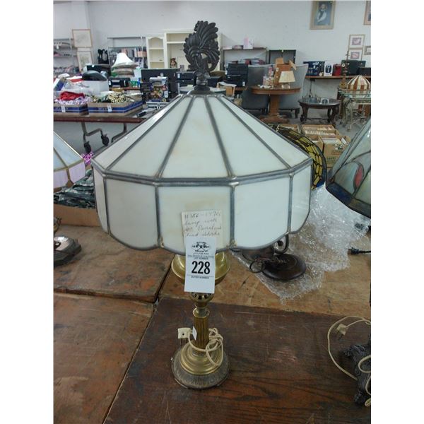 Brass Lamp w/Bone Leaded Glass Shade and Floral Crown