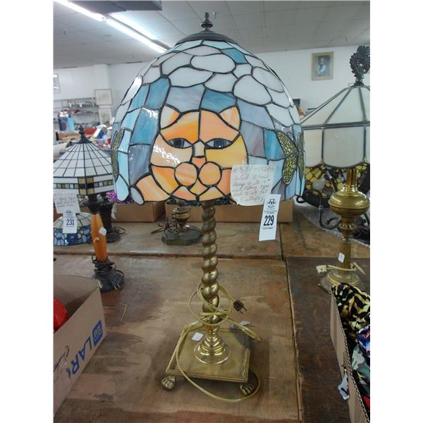 Brass Claw Foot Lamp w/Tiffany Style Leaded Glass w/Cat/Butterfly Motif Shade