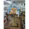 Image 1 : Brass Claw Foot Lamp w/Tiffany Style Leaded Glass w/Cat/Butterfly Motif Shade