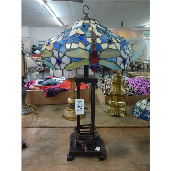 Metal Mission Style Lamp w/Ornate Tiffany Style Leaded Glass Dragonfly Shade