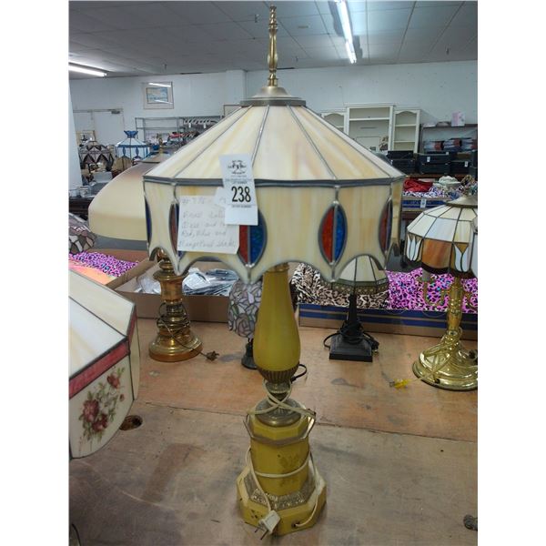 Brass Solid Base Lamp Red/Blue/Beige Glass Panel Shade