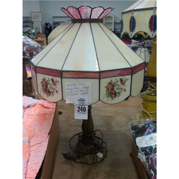 Cast Brass Floral Lamp w/Floral Motif Leaded Glass Panel Shade