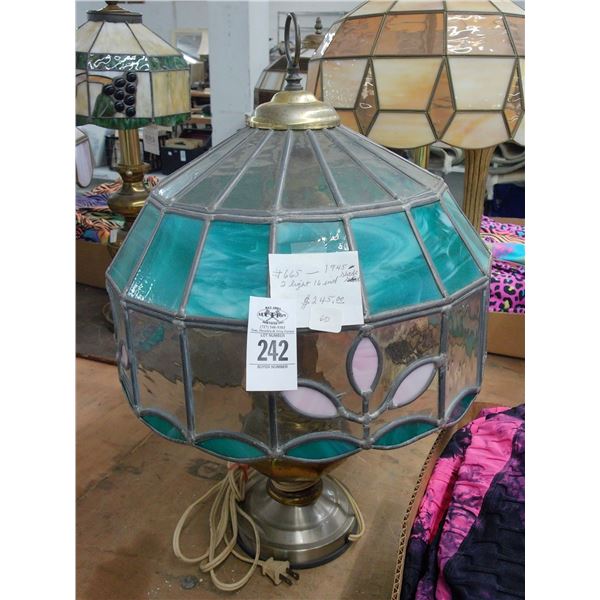 Brass Base Lamp w/Floral Leaded Glass Shade