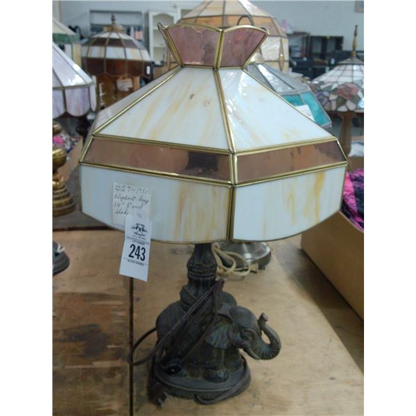 Bronze Style Elephant Lamp w/Brass Glass Panel Shade