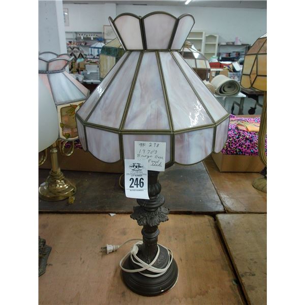 Ornate Cast Bronze Lamp w/Lavender Glass Panel Shade