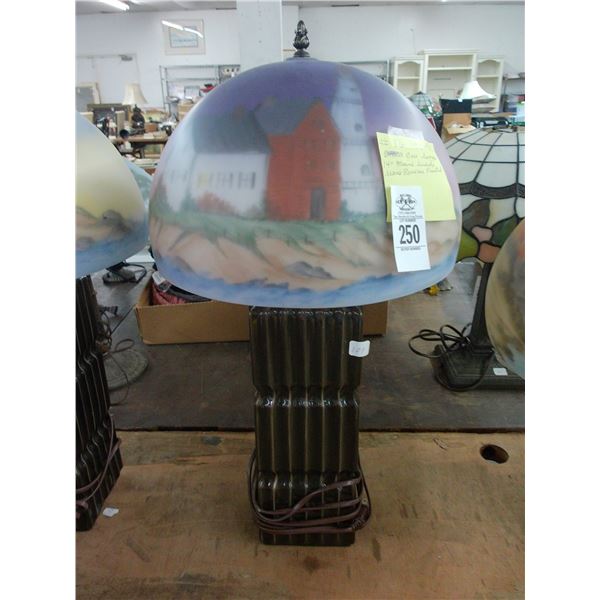 Brass Base Lamp w/Reversed Painted Main Sea Shore Glass Shade