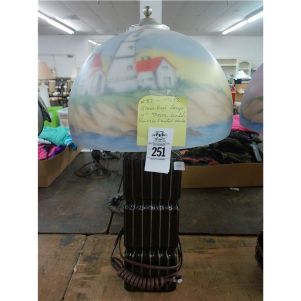 Dark Porcelain Base Lamp w/Reversed Painted Maine Lighthouse Glass Shade