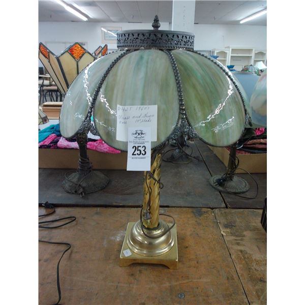 Brass Base Lamp w/Cast Trim Green Glass Panel Shade