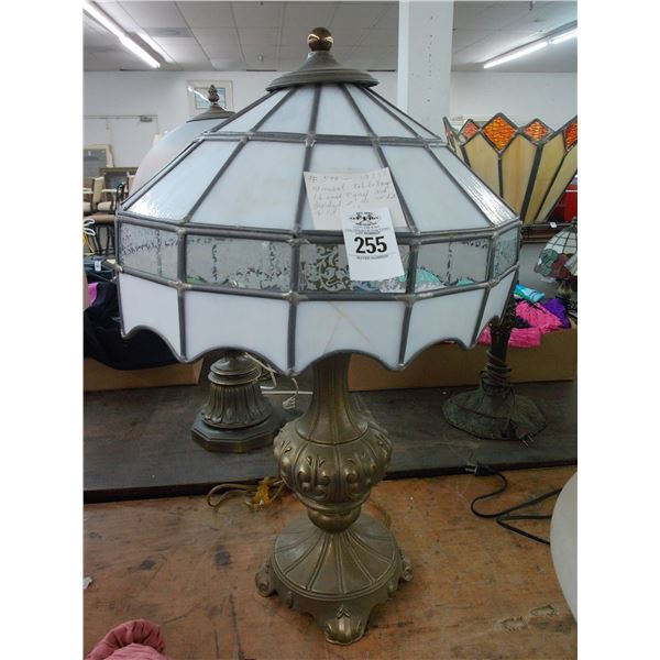Ornate Brass Lamp w/White Etched Leaded Glass Panel Shade