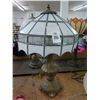 Image 1 : Ornate Brass Lamp w/White Etched Leaded Glass Panel Shade