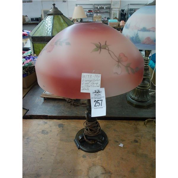 Bronze Style Lamp w/Reversed Painted Red Floral Glass Shade