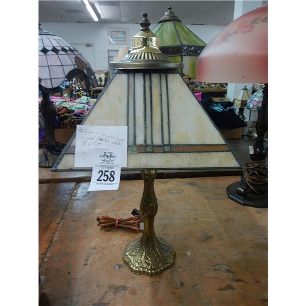 Cast Brass Lamp w/Beige Leaded Glass Panel Shade