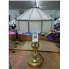 Image 1 : Brass 2 Bulb Lamp w/White Glass Panel Shade