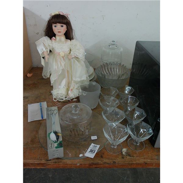 Crystal Stems, Tongs, Dishes, Doll