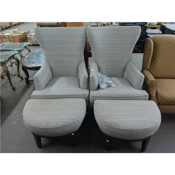 Grey Cloth Wingback Chairs w/Ottomans - Set of 2