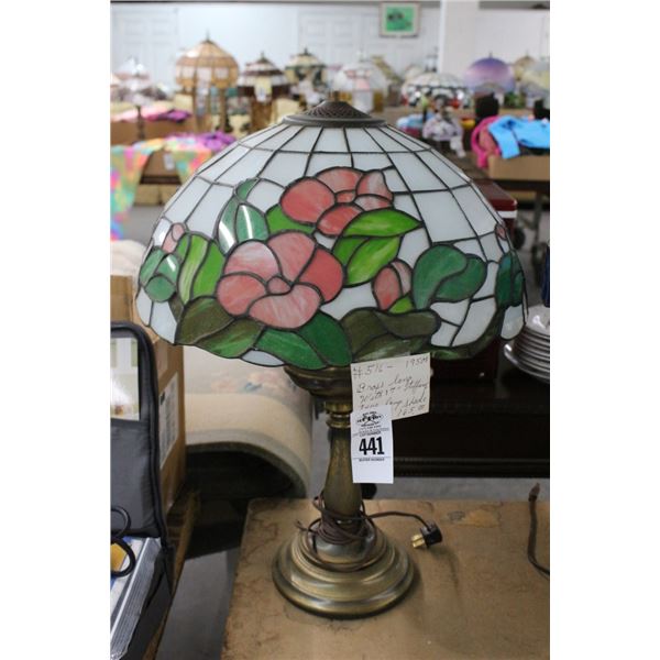 Brass Lamp w/Tiffany Floral Leaded Glass Shade