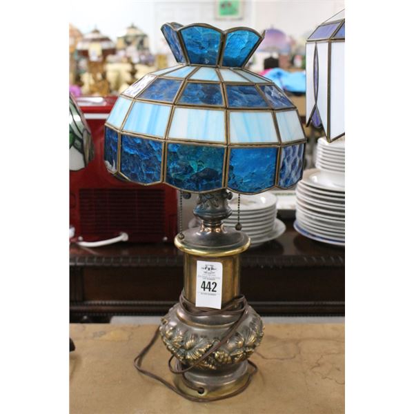 Brass Lamp w/Blue Glass Panel Shade
