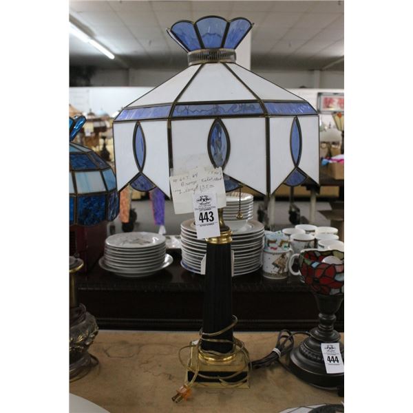 Brass/Black Lamp w/Blue/White Leaded Glass Panel Shade