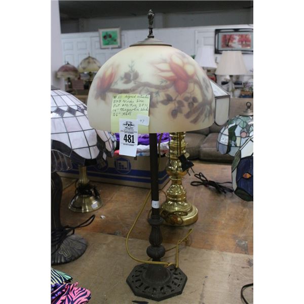 Cast Lamp w/Floral Reversed Painted Glass Magnolia Shade