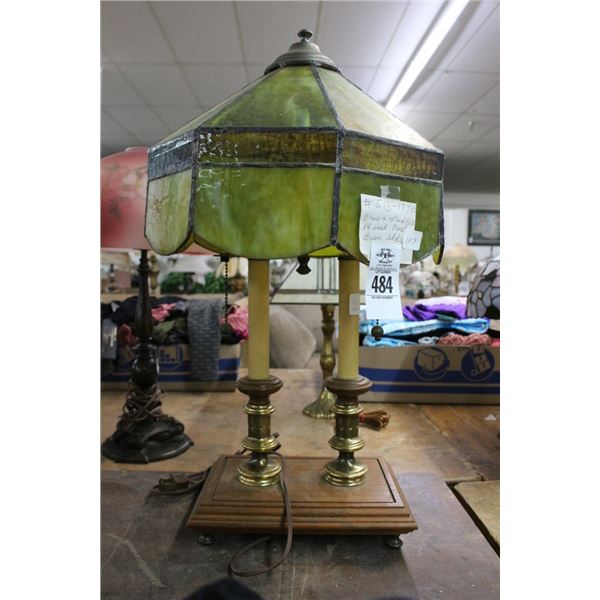 Wood Base Double Bulb Lamp w/Vintage Leaded Glass Green Shade