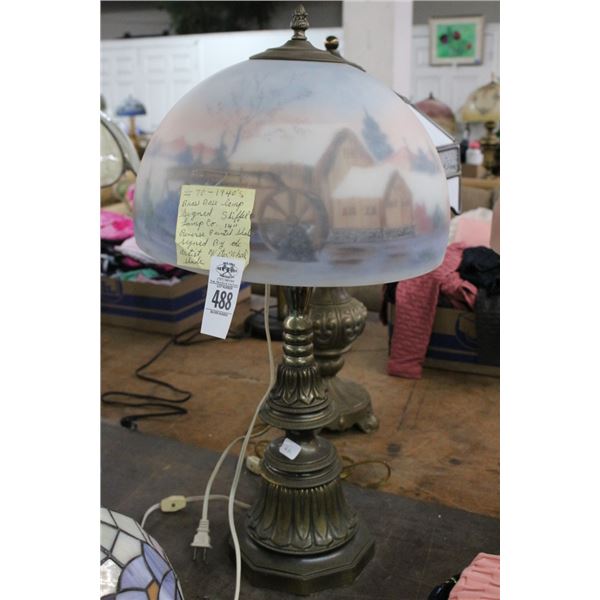 Brass Base Stiffle Lamp w/Reversed Painted Snoweymill Scene Glass Shade