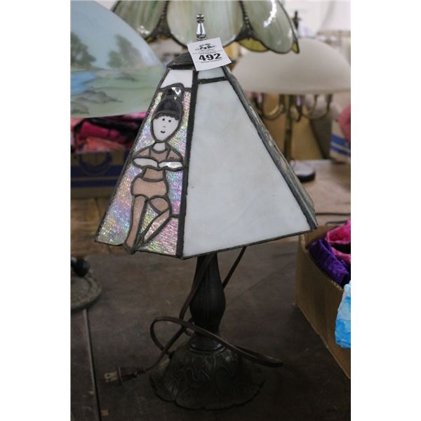 Vintage Bronze Style Small Lamp w/Ballerina Leaded Glass Shade