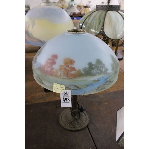 Vintage Cast Brass Lamp w/Reversed Painted Country Scene Glass Shade