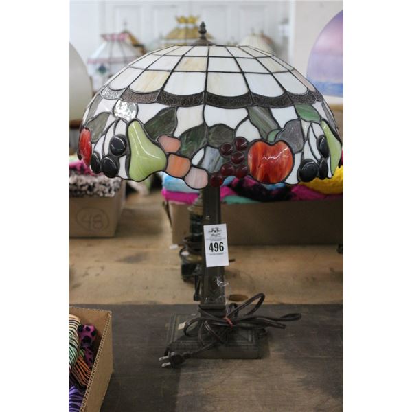 Vintage Bronze Style Lamp w/Ornate Fruit Motif Leaded Glass Shade