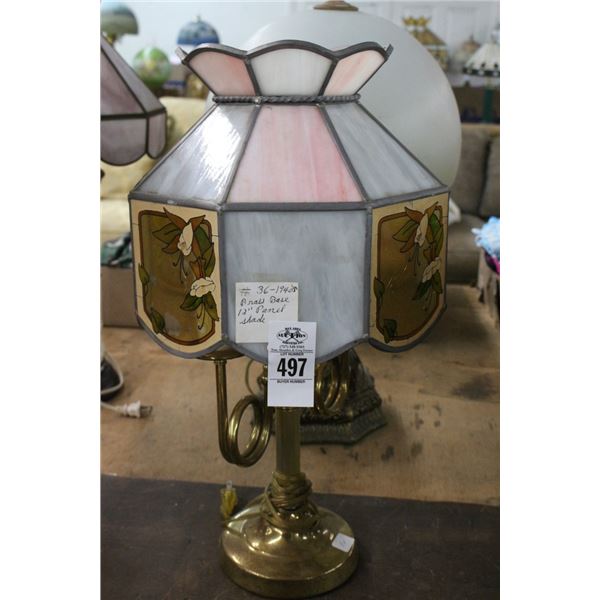 Brass 2 Light Lamp w/Floral Motif Glass Panel Shade